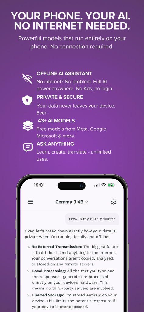 KernelAI - KernelAI mobile app screenshot showing offline AI features and a chat explaining data privacy through local processing