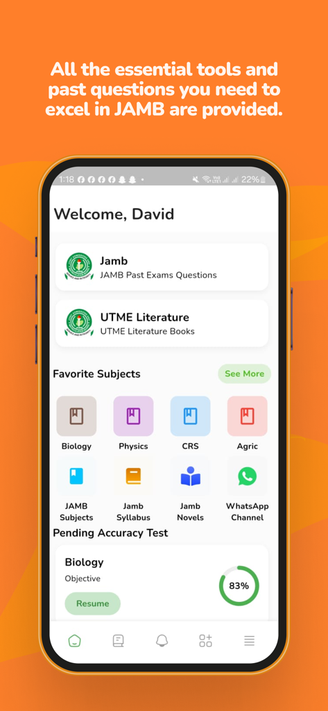 Home screen of the JAMB Past Questions and Answers app showing student dashboard and study tools