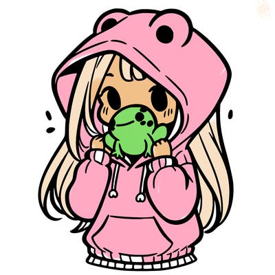a girl holding a froggy hoodie