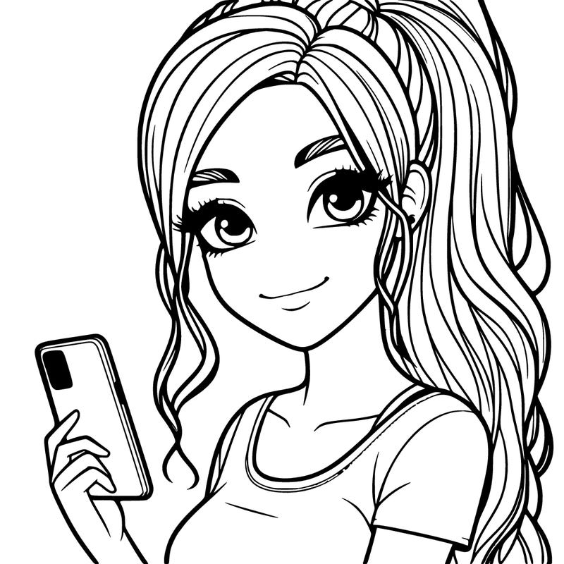 realistic girl with a ponytail and a phone