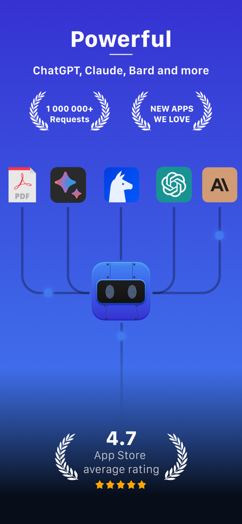 AI Chat - Ask Bot Assistant - AIチャットボットアシスタントアプリのスクリーンショット。ChatGPT、Claude、Bardとの統合と4.7つ星の評価を強調しています。