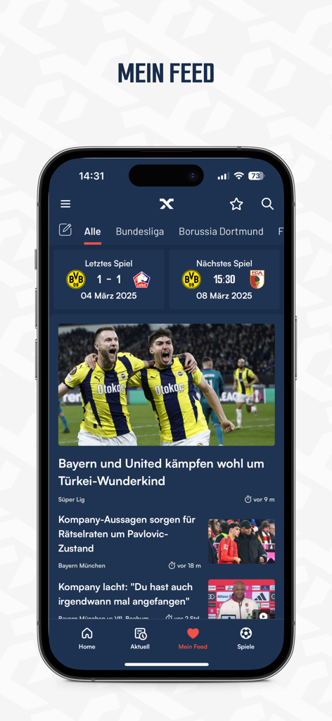 SPOX mobile app Mein Feed screen displaying personalized football scores and news articles