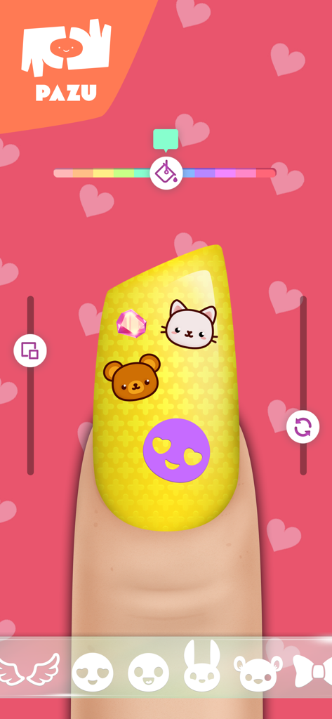 Girls Nail Salon - Kids Games - A yellow fingernail decorated with cute animal stickers and gems in the Girls Nail Salon game