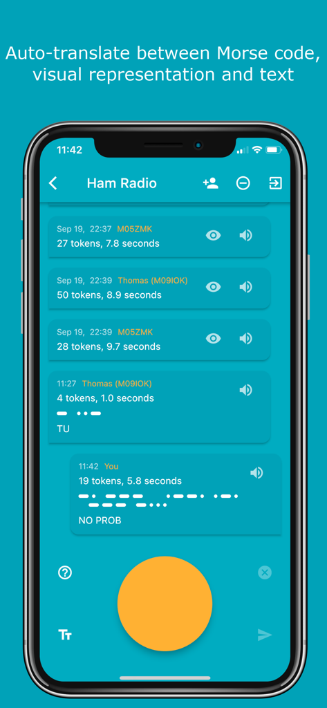 Morse Chat: Chat in Morse Code - Screenshot of Morse Chat app showing automated translation between Morse code dots and text in a Ham Radio chat room.