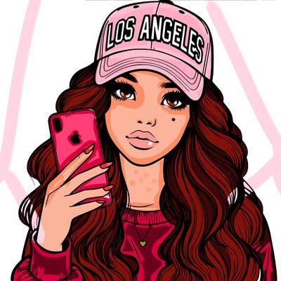 realistic beautiful girl wearing los ángeles cap holding an iphone