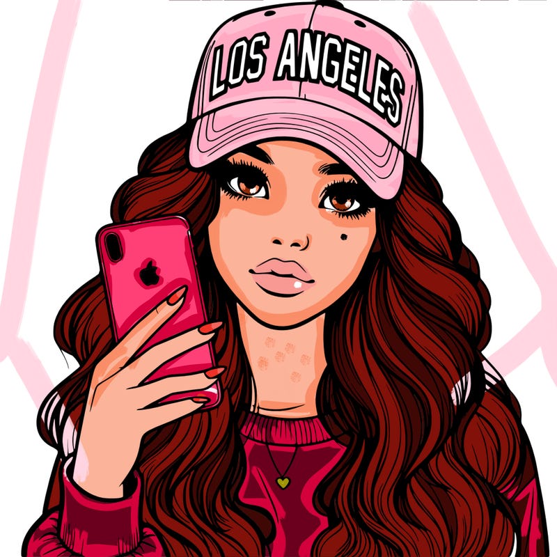 realistic beautiful girl wearing los ángeles cap holding an iphone