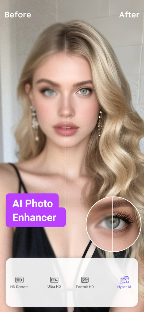 Vorher-Nachher-Vergleich eines Gesichts einer Frau, die den PrettyUp KI-Foto-Enhancer verwendet, um ein unscharfes Bild zu schärfen