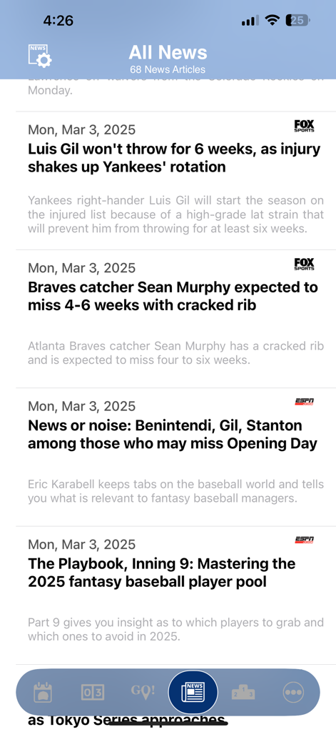 The news feed screen of the Go Yard app displaying curated baseball headlines from Fox Sports and ESPN