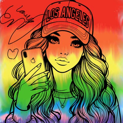realistic beautiful girl wearing los ángeles cap holding an iphone