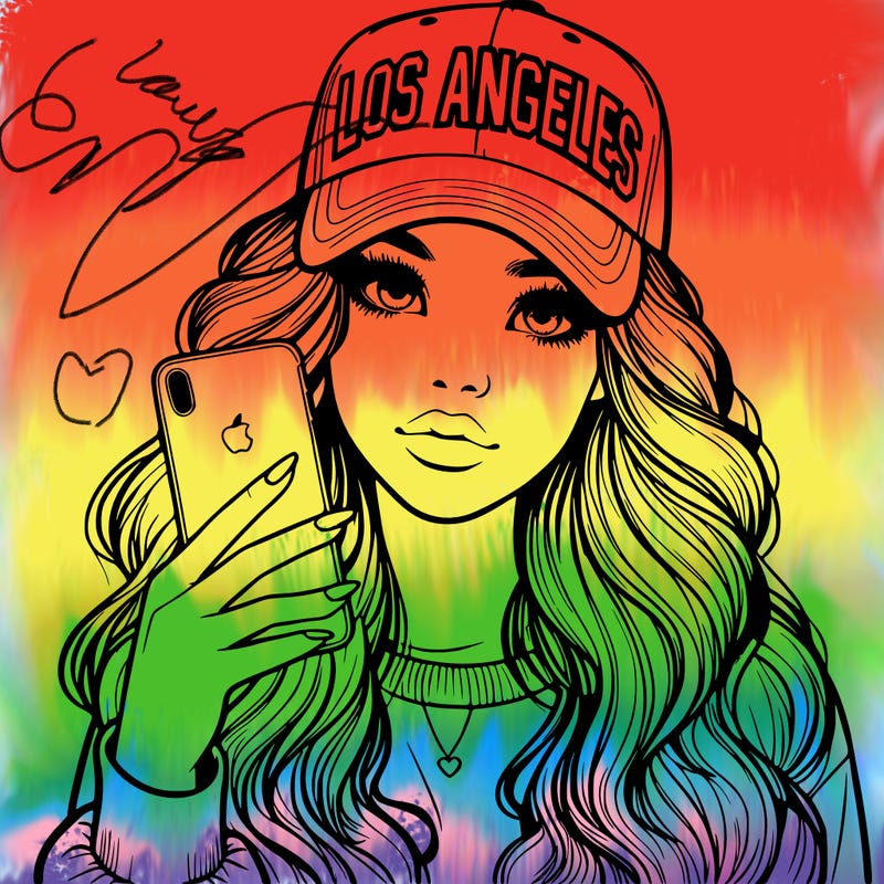 realistic beautiful girl wearing los ángeles cap holding an iphone