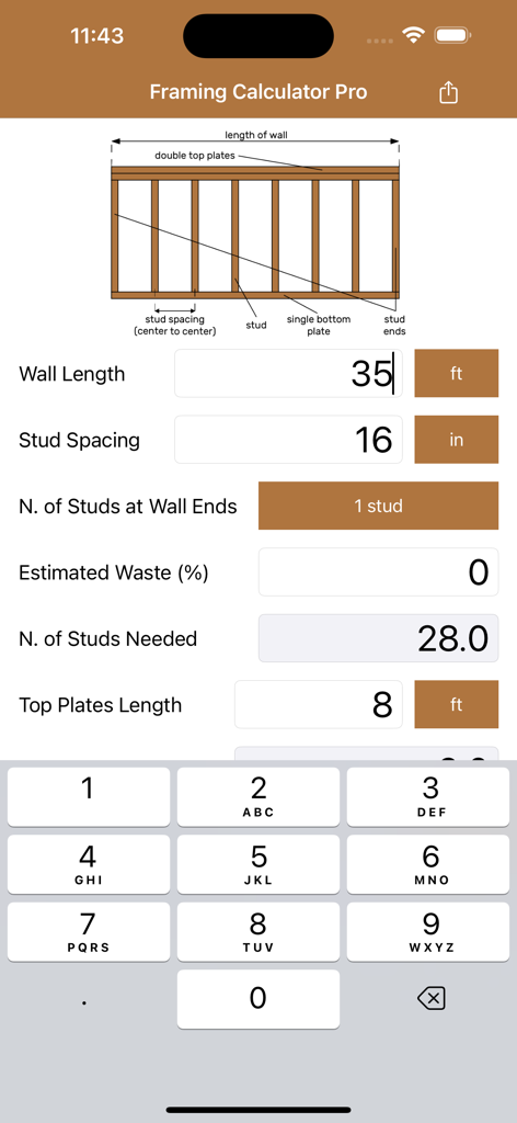 Framing Calculator Pro mobile app interface for estimating wall studs and material waste.