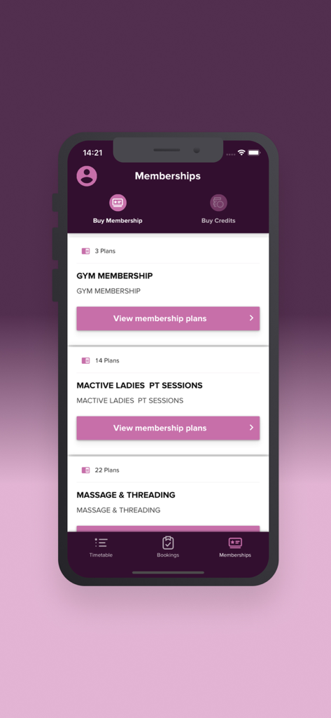 M Active Ladies - The memberships screen of the M Active Ladies app displaying fitness and wellness plans