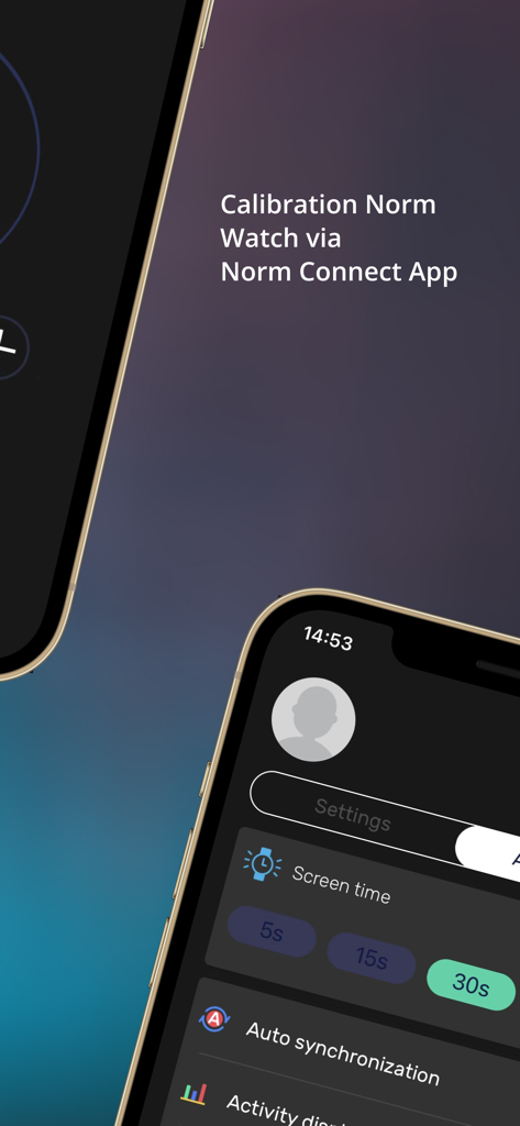 NORM Connect - Interface of the NORM Connect app showing watch calibration and synchronization settings.