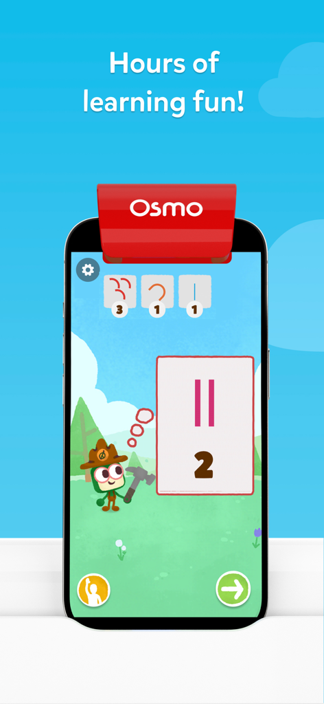 Osmo Counting Town - Osmo Counting Town game interface on an iPhone showing a character teaching number recognition and counting
