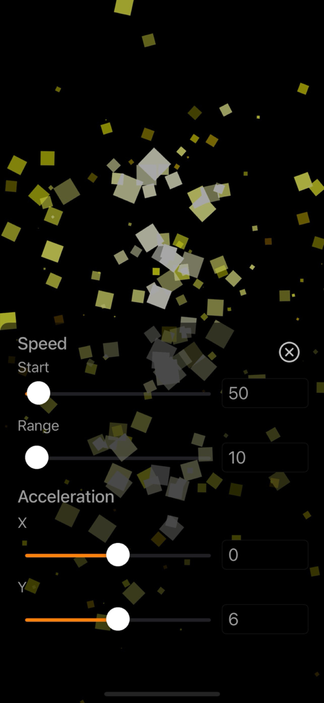 四角いパーティクルと速度と加速度の設定が表示されたParticle Generatorアプリのインターフェース
