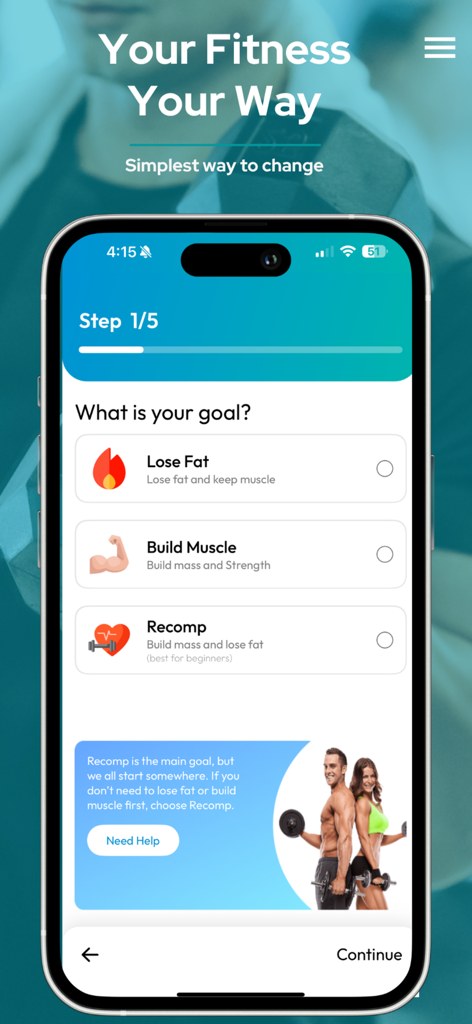 BodyRecomp: Meal & Workout - BodyRecompアプリのオンボーディング画面。脂肪を減らす、筋肉を増やす、またはリコンパナする目標を選択します。