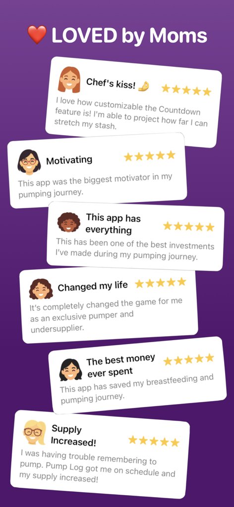 Pump Log® - Track Breast Milk - A collection of 5-star user reviews and testimonials from mothers praising the Pump Log app for its motivation and supply tracking features.