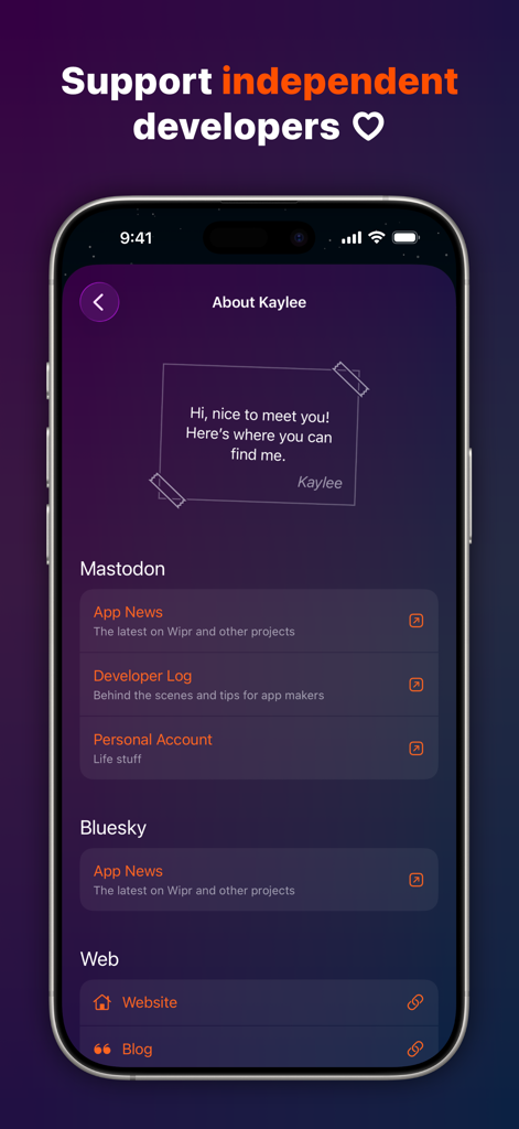Screenshot der Wipr 2 App-Info-Seite, die die Unterstützung unabhängiger Entwickler mit Social-Media-Links hervorhebt.
