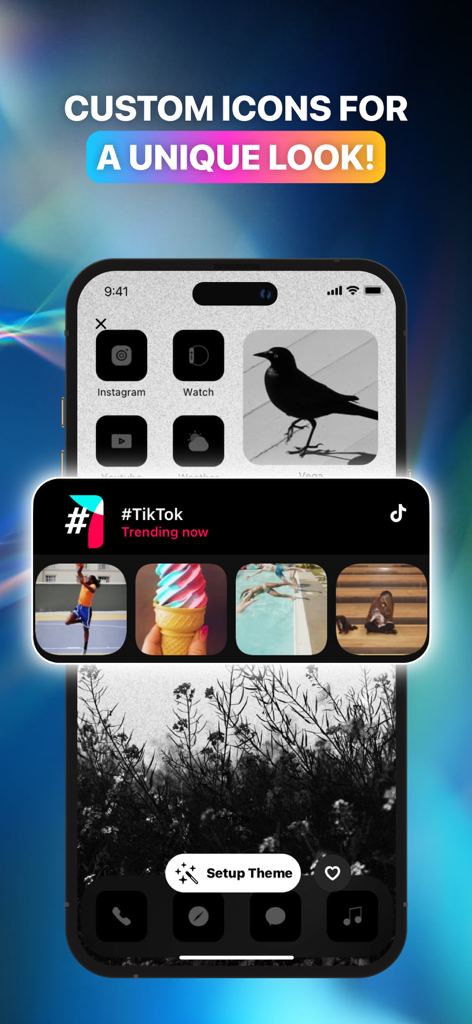 Themes Widgets & Icons by Vega - Schermata Home dell'iPhone che mostra icone scure personalizzate e widget estetici dall'app Vega.