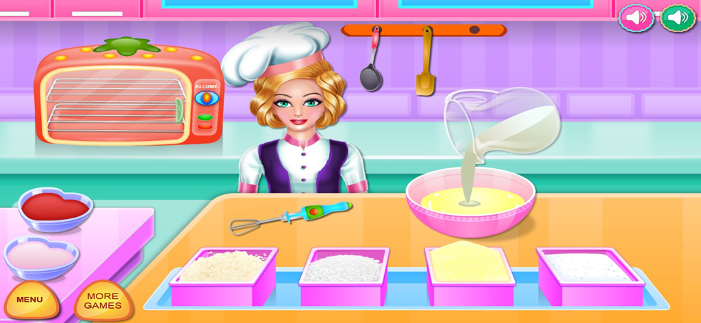 Cooking strawberry short cake - Cartoon chef pouring milk into a mixing bowl in a strawberry themed kitchen