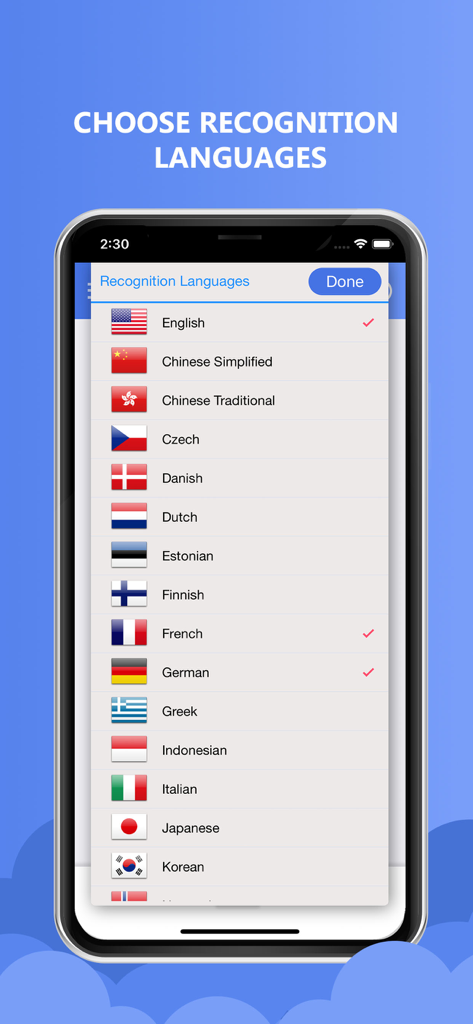 Interface showing a list of supported languages for business card recognition with national flags