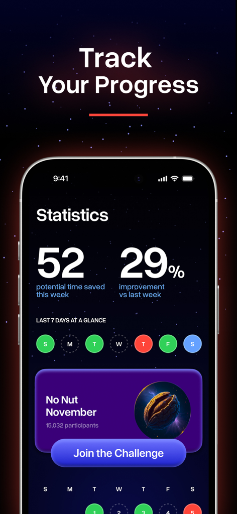 Seed app statistics dashboard showing weekly improvement and a No Nut November challenge card