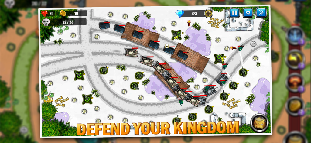 Tower Defense: Toy War 2 - Jugabilidad de defensa de torres en Toy War 2 con tanques de juguete cruzando puentes en un mapa nevado con torretas defensivas