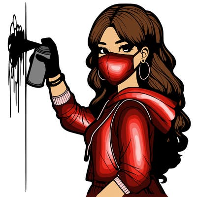 realistic girl with mask spray painting a wall