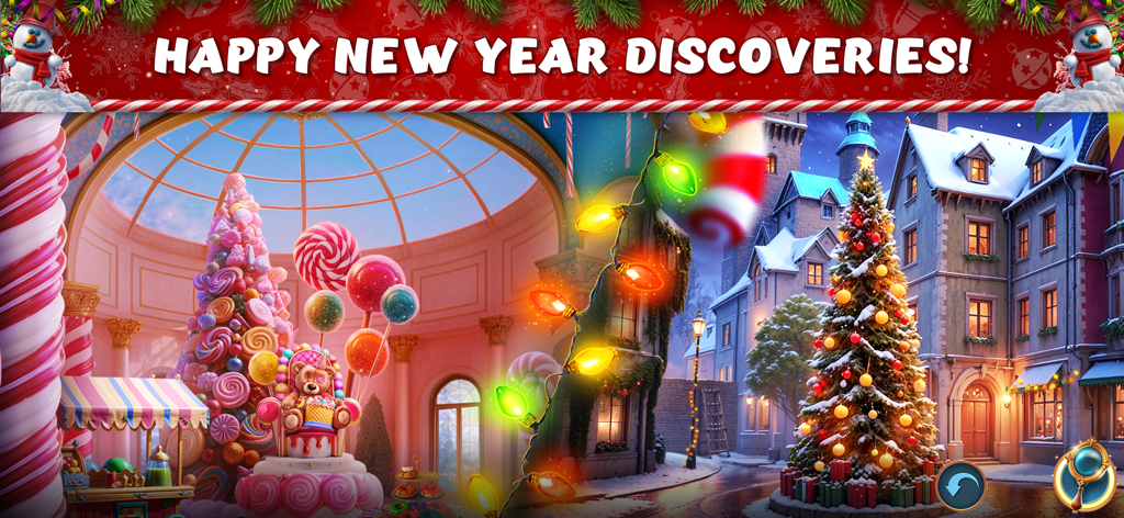 Hidden Objects: Xmas Fables - Pantalla dividida de una colorida sala de dulces y una plaza del pueblo nevada con un árbol de Navidad decorado