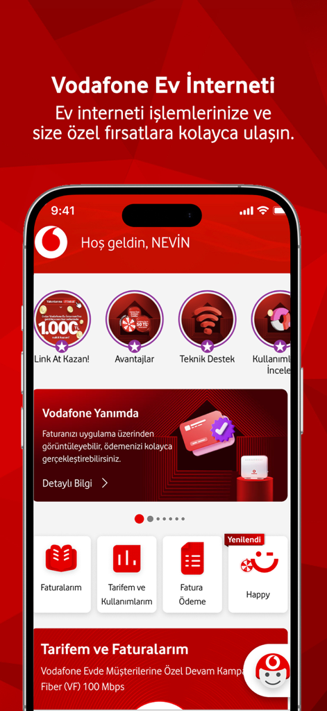 Dashboard of Vodafone Yanimda app showing home internet usage and bill payment options in Turkish.