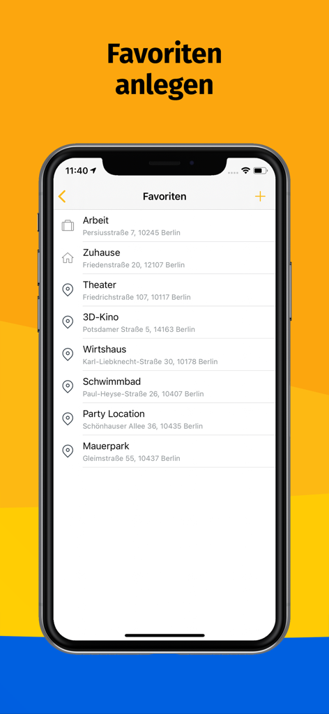 A list of saved favorite addresses in the taxi.eu app for quick booking