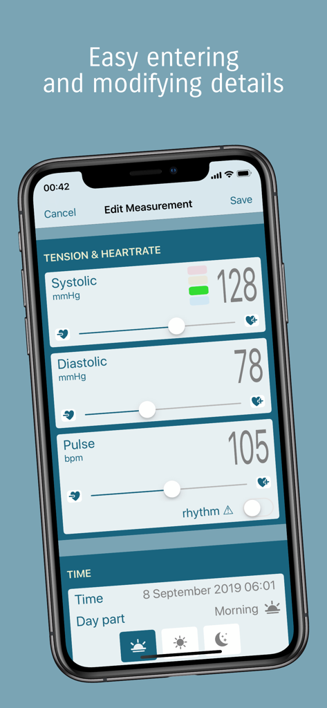 Tension Diary - Captura de pantalla de iPhone que muestra la pantalla de entrada manual para mediciones de presión arterial y frecuencia cardíaca.