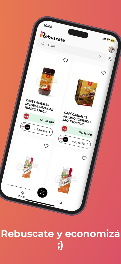 Rebuscate - Mobile screen of the Rebuscate app comparing coffee prices across multiple supermarkets.
