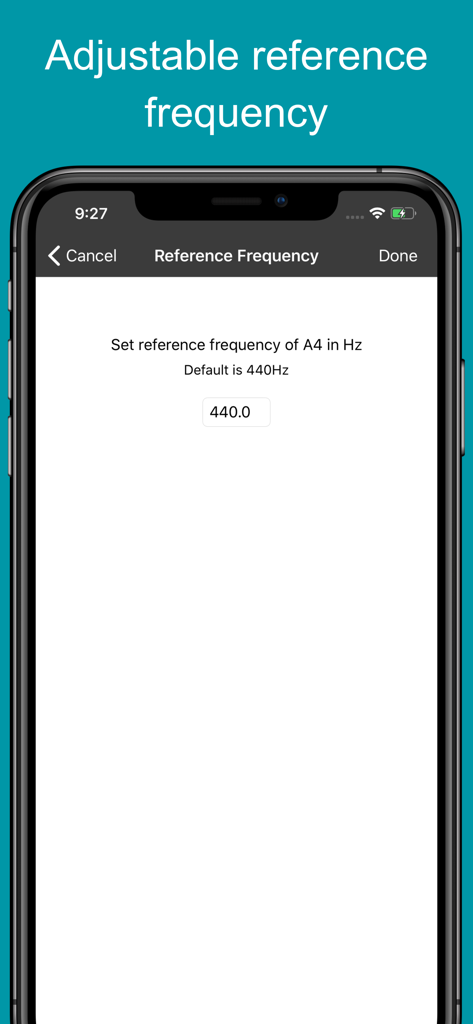 Écran des réglages de fréquence de référence réglable dans l'application Ukulele Tuner EM-1