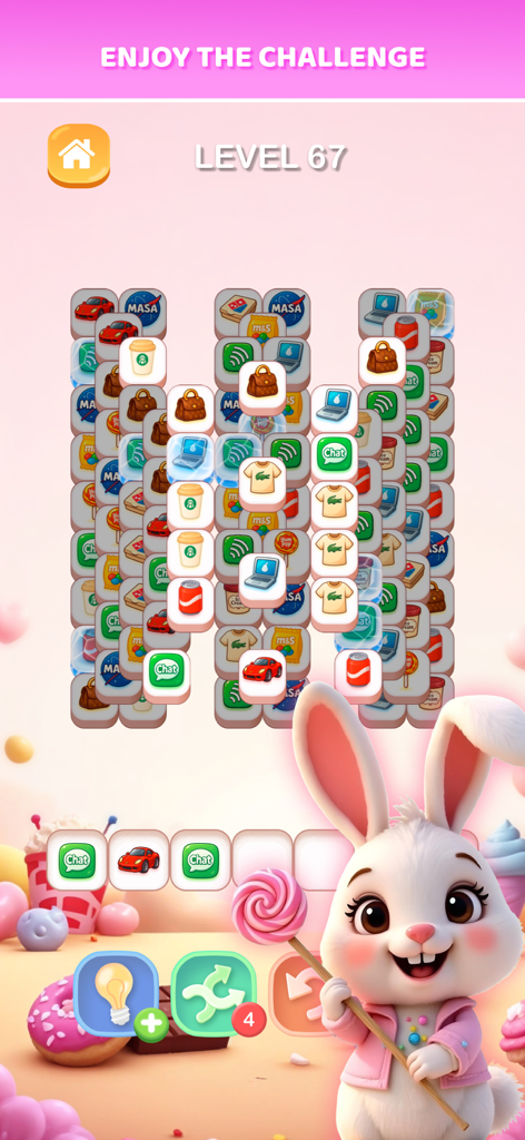 Fun 3 Tile Match offline game - Gameplay screenshot of Fun 3 Tile Match level 67 featuring a cute white bunny and various item tiles