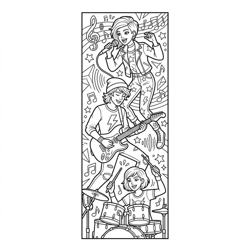 Unleash your creativity with this dynamic coloring bookmark featuring a lively band of teenage musicians. It's perfect for music lovers, letting you bring your favorite melodies to life with color.