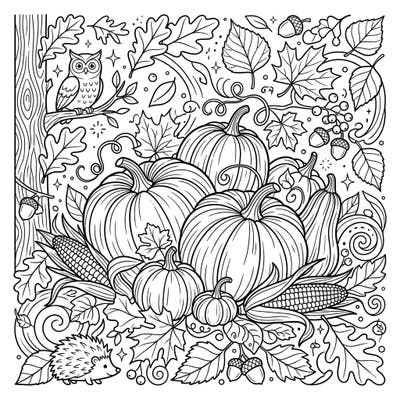 Dive into the beauty of fall with this intricate coloring page featuring classic Cinderella pumpkins surrounded by rich autumn foliage. Discover hidden woodland creatures in this delightful harvest scene, perfect for all ages.