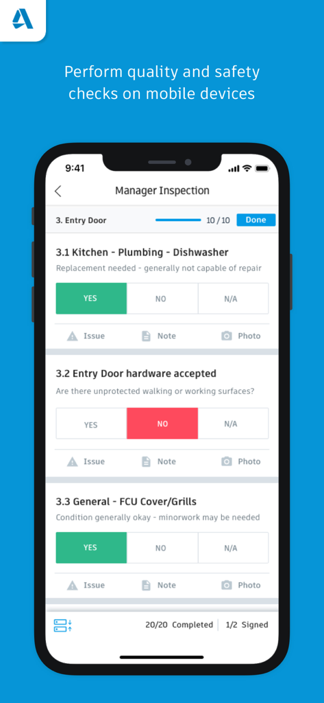 BIM 360 - BIM 360 mobile app interface showing a manager inspection checklist for construction quality and safety checks