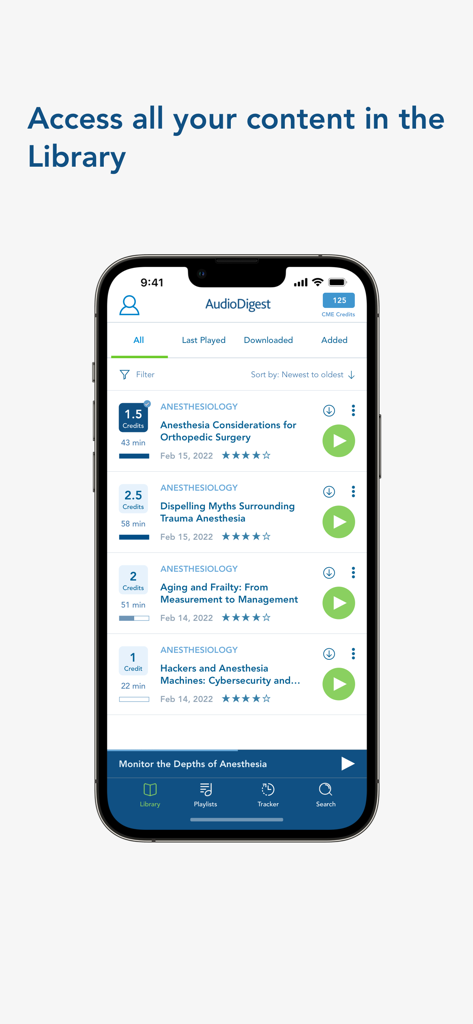 AudioDigest - Smartphone displaying the AudioDigest library with anesthesiology courses and earned CME credits