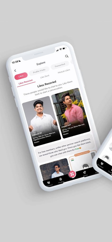 FreeNikah - Muslim Matrimony - FreeNikah app screen showing likes received with profile cards of potential Muslim marriage partners.