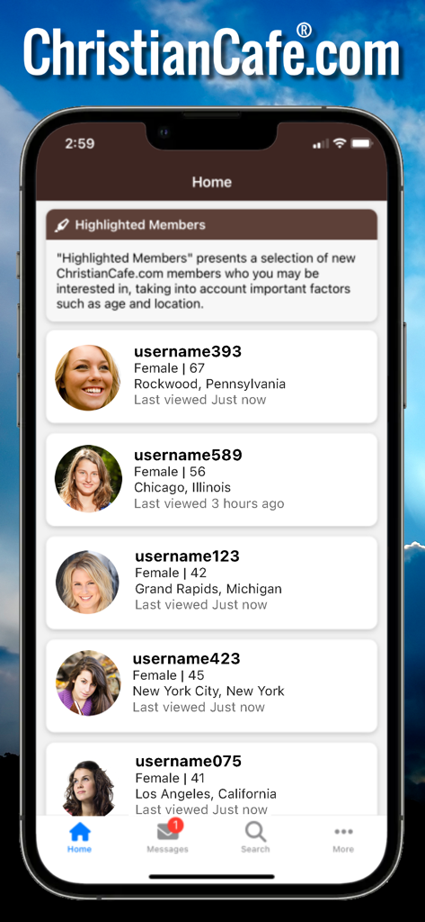 ChristianCafe dating app home screen showing a list of highlighted member profiles with photos and locations.