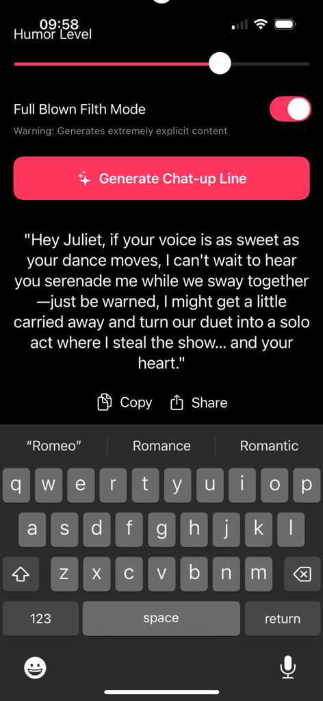Sinners Whisper - Interfaccia dell'app Sinners Whisper che mostra una battuta di approccio generata dall'AI e l'interruttore della modalità full blown filth