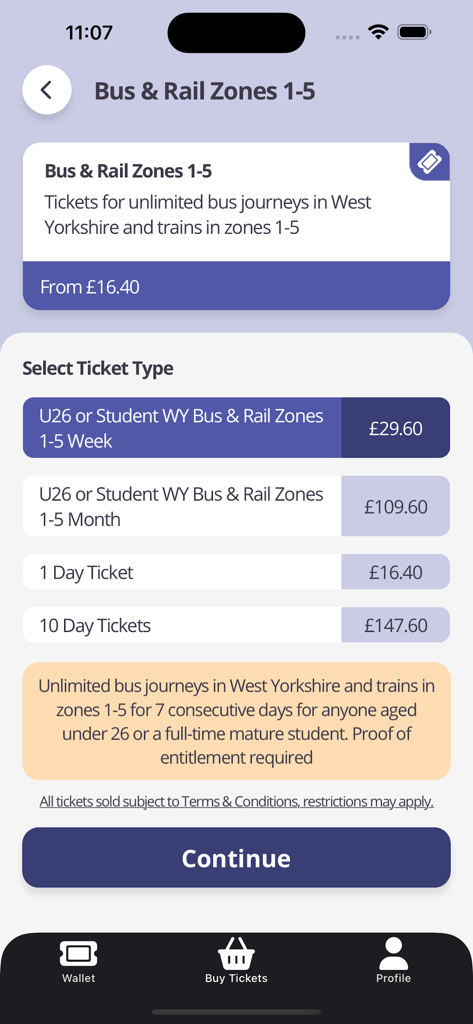 MCard Mobile - A screenshot of the MCard Mobile app showing various ticket purchase options for bus and rail zones in West Yorkshire.