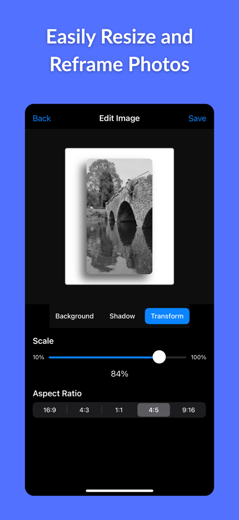 Drop Shadow Pro interface for resizing and reframing photos with aspect ratio controls