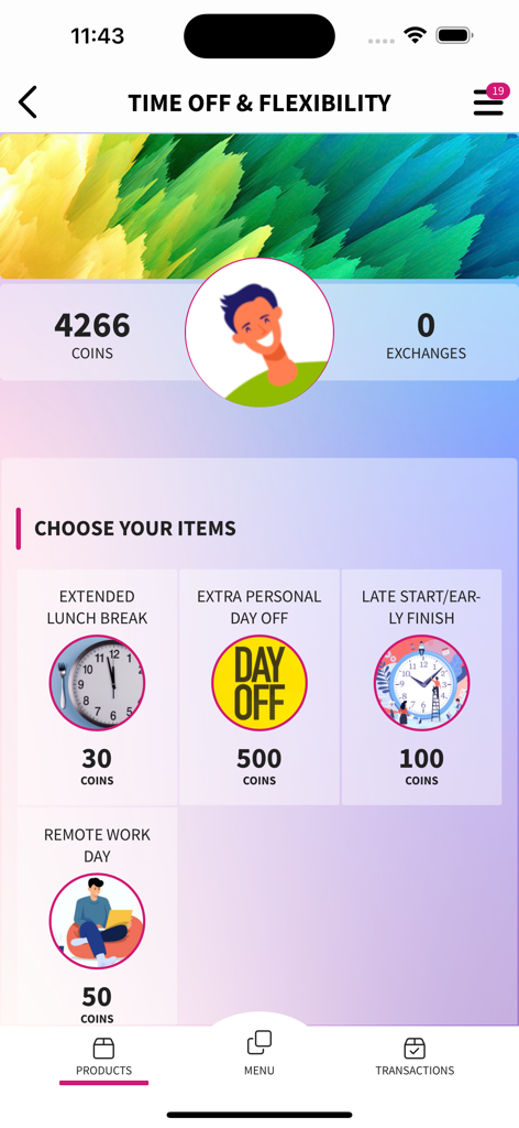 GFoundry - GFoundry App Marktplatz, der den Austausch virtueller Münzen gegen Freistellungs- und Flexibilitätsbelohnungen zeigt