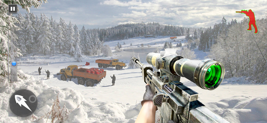 First person shooter view of a sniper rifle aiming at a snowy military base with trucks and enemy soldiers