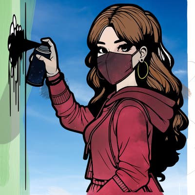 realistic girl with mask spray painting a wall