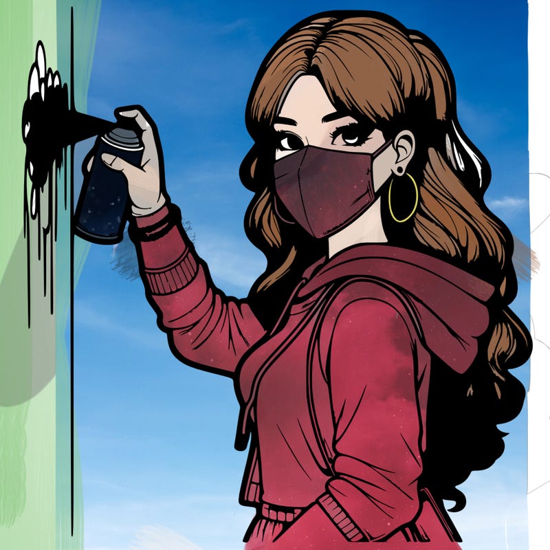 realistic girl with mask spray painting a wall