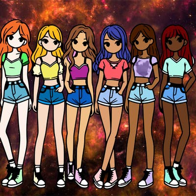 a group of girls wearing crop tops and shorts