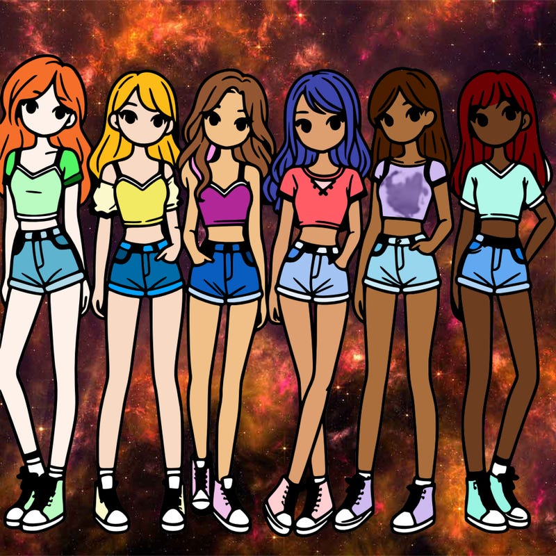 a group of girls wearing crop tops and shorts